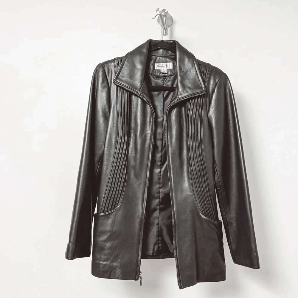 Preston and York Pleated Front‎ Genuine Leather Zip Up Jacket Black Small